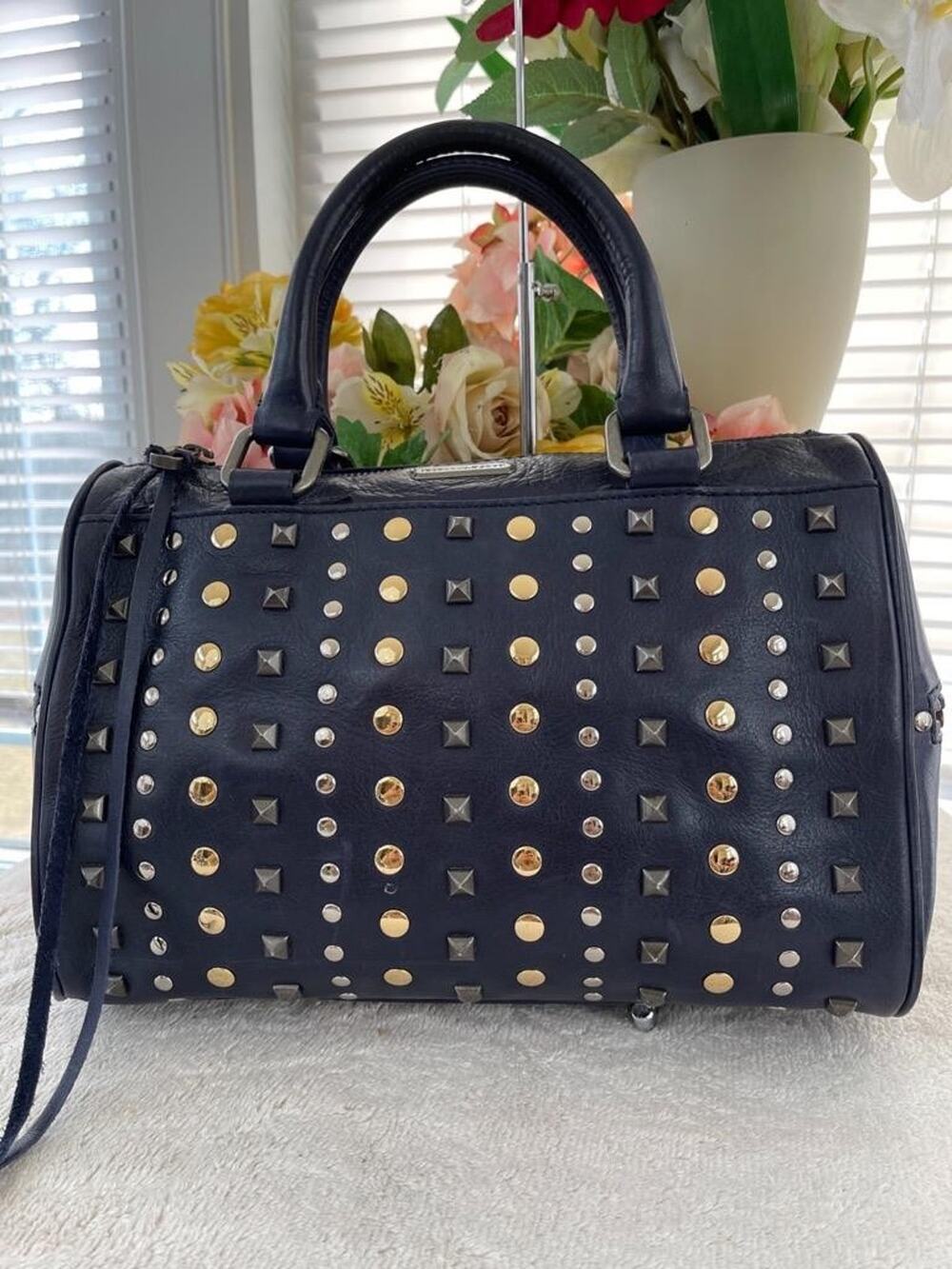 Rebecca Minkoff navy Linear Stud Flame Satchel (3000